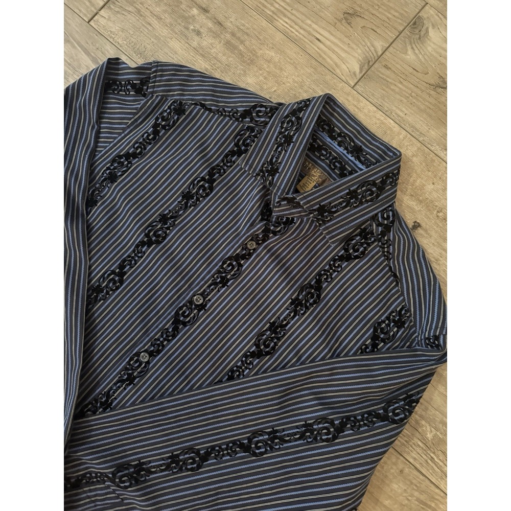 Pronto Uomo Men's Large Button Down Shirt Black Blue Striped Long Sleeve